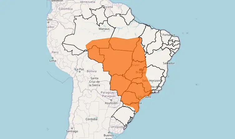 INMET publica aviso laranja de chuvas de até 100 mm/dia, com ventos intensos de 100 km/h, risco de corte de energia elétrica, queda de galhos de árvores, alagamentos e de descargas elétricas. Foto: Inmet/Reprodução